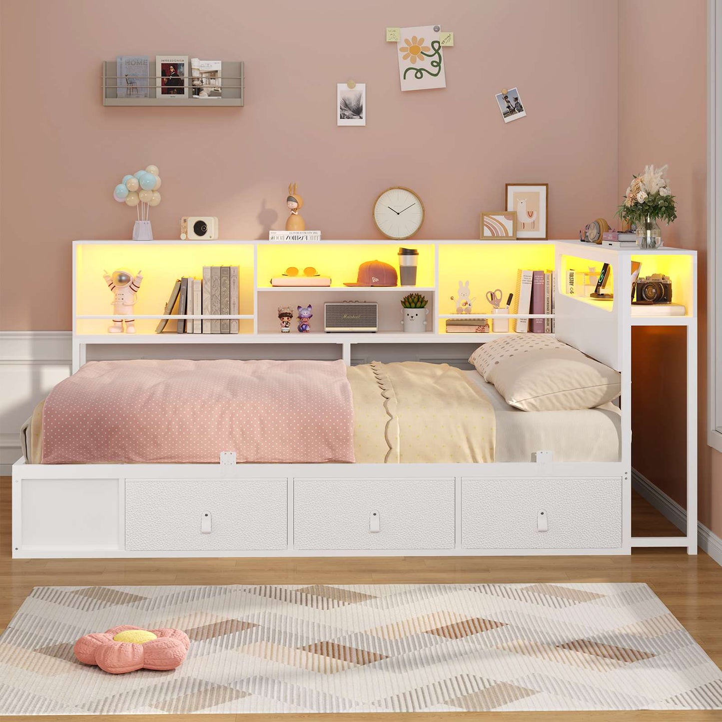 ADORNEVE Corner Bed Frame Full Size with Bookcase Storage and Charging Station LED Metal Daybed with 3 Drawers and 2 Open Cubbies