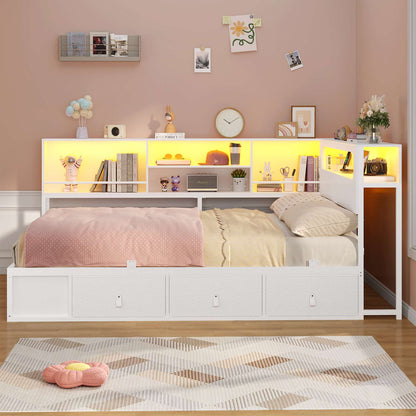 ADORNEVE Corner Bed Frame Full Size with Bookcase Storage and Charging Station LED Metal Daybed with 3 Drawers and 2 Open Cubbies