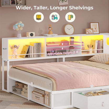ADORNEVE Corner Bed Frame Full Size with Bookcase Storage and Charging Station LED Metal Daybed with 3 Drawers and 2 Open Cubbies