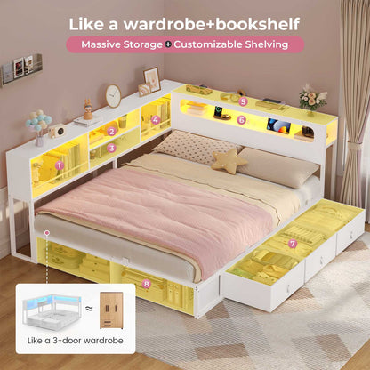ADORNEVE Corner Bed Frame Full Size with Bookcase Storage and Charging Station LED Metal Daybed with 3 Drawers and 2 Open Cubbies