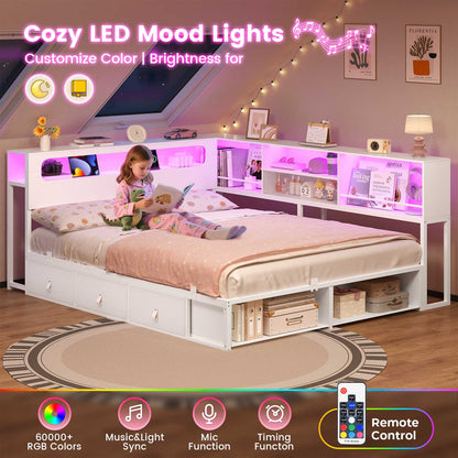ADORNEVE Corner Bed Frame Full Size with Bookcase Storage and Charging Station LED Metal Daybed with 3 Drawers and 2 Open Cubbies