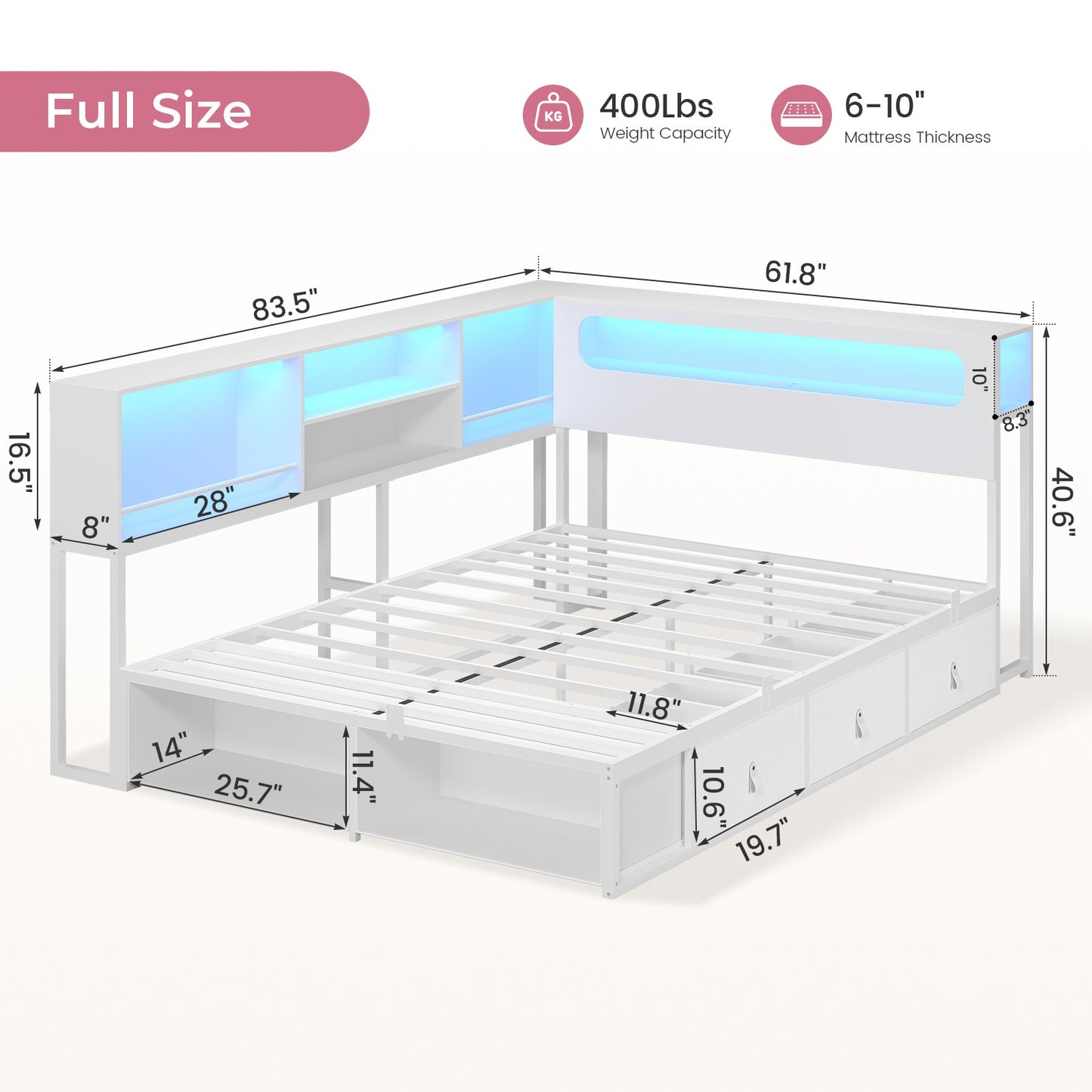 ADORNEVE Corner Bed Frame Full Size with Bookcase Storage and Charging Station LED Metal Daybed with 3 Drawers and 2 Open Cubbies
