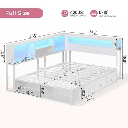 ADORNEVE Corner Bed Frame Full Size with Bookcase Storage and Charging Station LED Metal Daybed with 3 Drawers and 2 Open Cubbies
