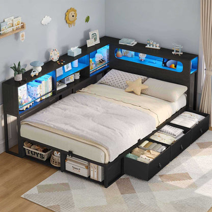 ADORNEVE Corner Bed Frame Full Size with Bookcase Storage and Charging Station LED Metal Daybed with 3 Drawers and 2 Open Cubbies