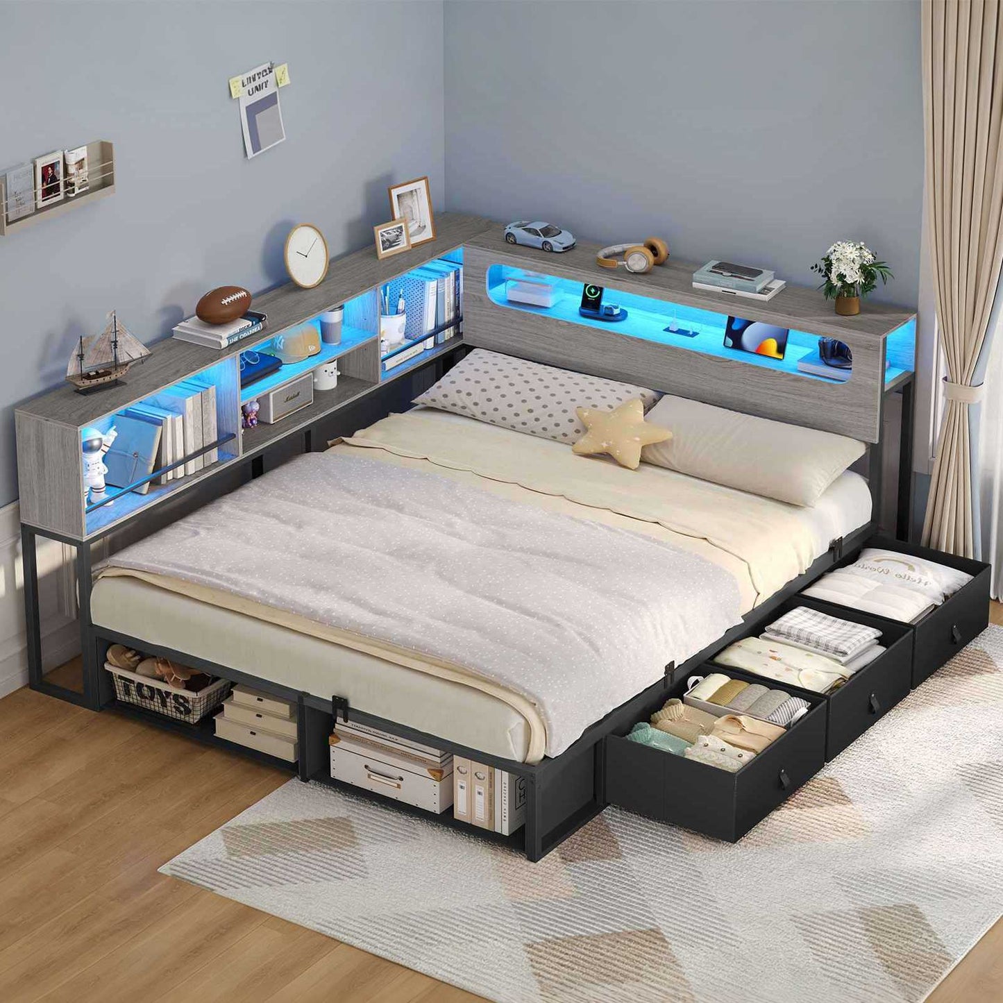 ADORNEVE Corner Bed Frame Full Size with Bookcase Storage and Charging Station LED Metal Daybed with 3 Drawers and 2 Open Cubbies