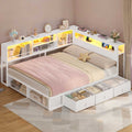 ADORNEVE Corner Bed Frame Full Size with Bookcase Storage and Charging Station LED Metal Daybed with 3 Drawers and 2 Open Cubbies