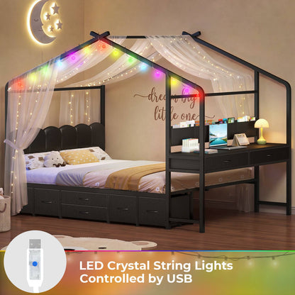 ADORNEVE House Bed with Desk and Globe String Lights Full Space-Saving All-In-One Kids Bed with 8 Storage Drawers and Side Desk