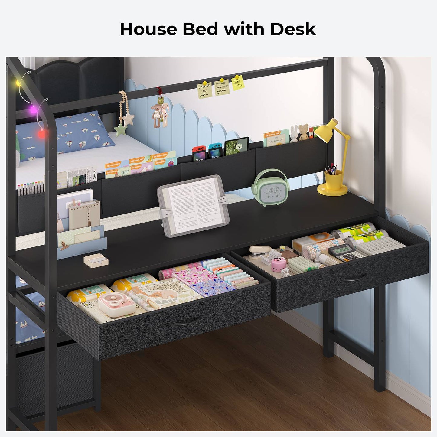 ADORNEVE House Bed with Desk and Globe String Lights Full Space-Saving All-In-One Kids Bed with 8 Storage Drawers and Side Desk