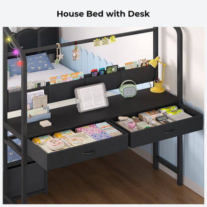 ADORNEVE House Bed with Desk and Globe String Lights Full Space-Saving All-In-One Kids Bed with 8 Storage Drawers and Side Desk