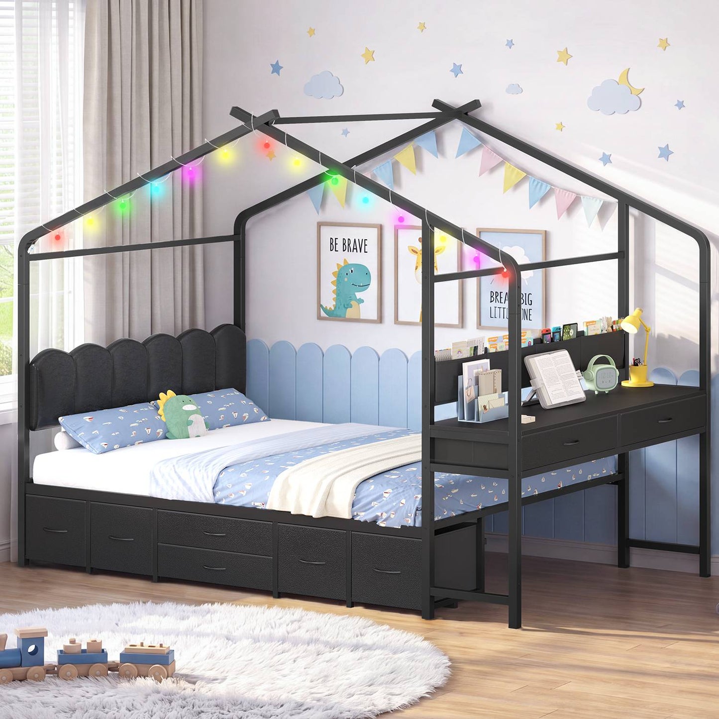 ADORNEVE House Bed with Desk and Globe String Lights Full Space-Saving All-In-One Kids Bed with 8 Storage Drawers and Side Desk