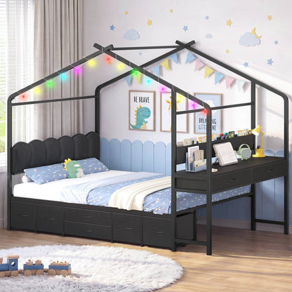 ADORNEVE House Bed with Desk and Globe String Lights Full Space-Saving All-In-One Kids Bed with 8 Storage Drawers and Side Desk