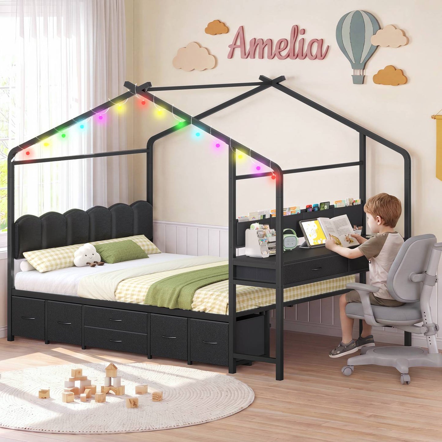 ADORNEVE House Bed with Desk and Globe String Lights Full Space-Saving All-In-One Kids Bed with 8 Storage Drawers and Side Desk