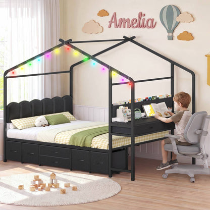 ADORNEVE House Bed with Desk and Globe String Lights Full Space-Saving All-In-One Kids Bed with 8 Storage Drawers and Side Desk