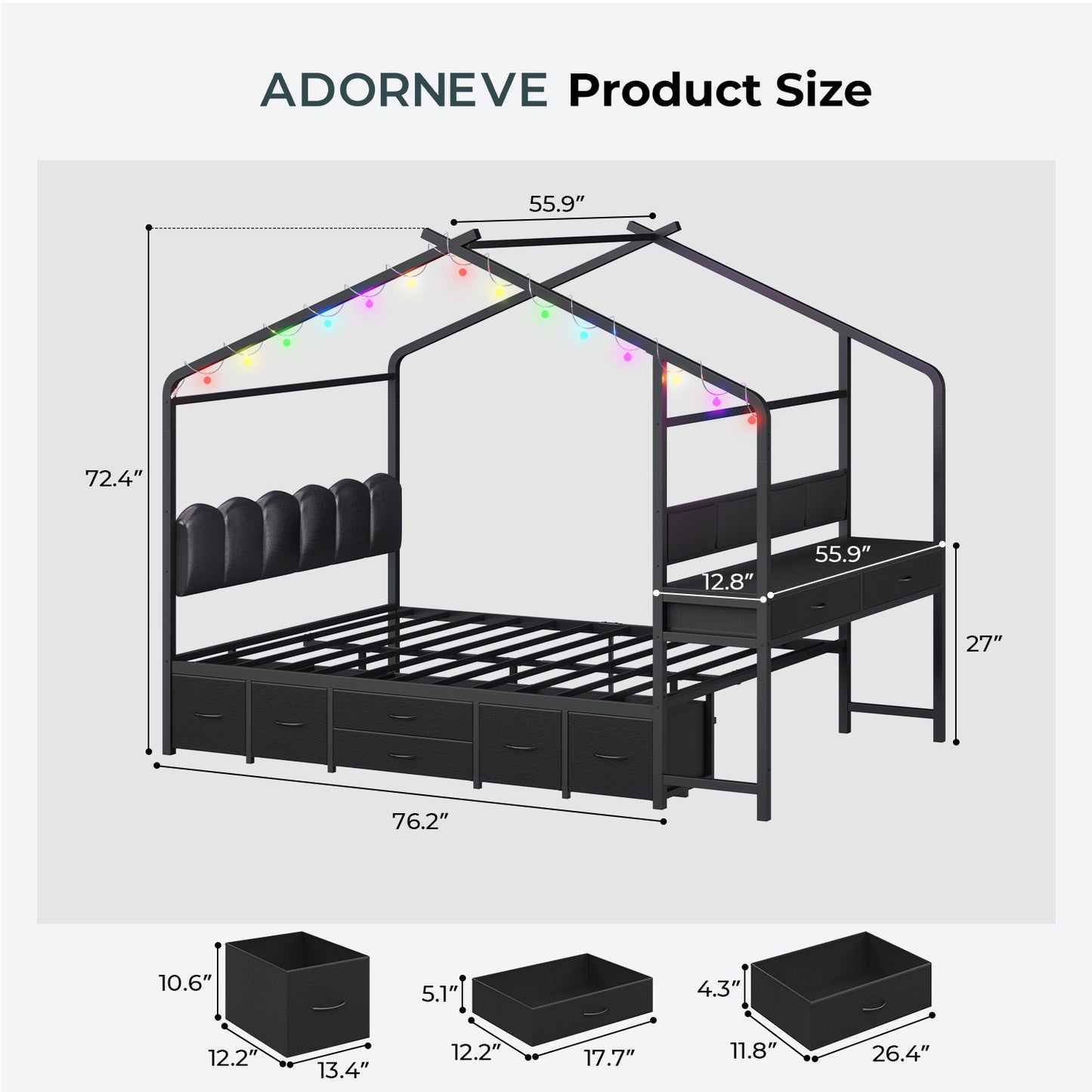 ADORNEVE House Bed with Desk and Globe String Lights Full Space-Saving All-In-One Kids Bed with 8 Storage Drawers and Side Desk