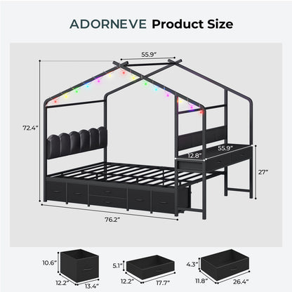 ADORNEVE House Bed with Desk and Globe String Lights Full Space-Saving All-In-One Kids Bed with 8 Storage Drawers and Side Desk