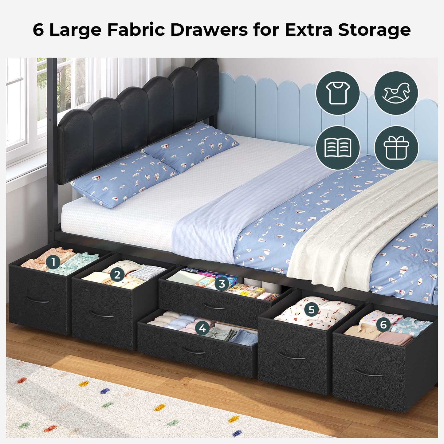 ADORNEVE House Bed with Desk and Globe String Lights Full Space-Saving All-In-One Kids Bed with 8 Storage Drawers and Side Desk