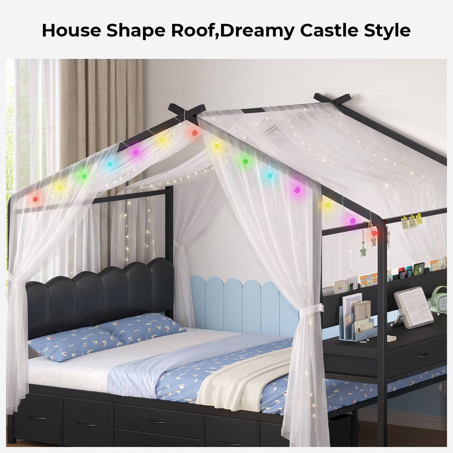 ADORNEVE House Bed with Desk and Globe String Lights Full Space-Saving All-In-One Kids Bed with 8 Storage Drawers and Side Desk