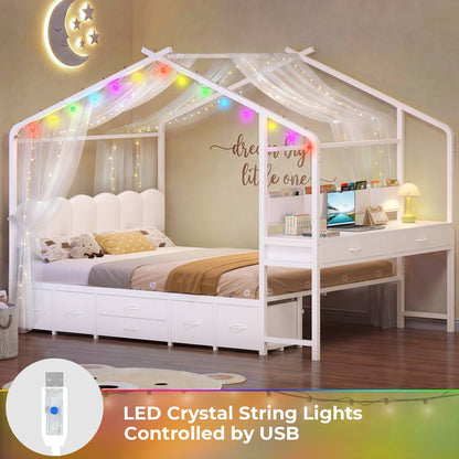 ADORNEVE House Bed with Desk and Globe String Lights Full Space-Saving All-In-One Kids Bed with 8 Storage Drawers and Side Desk