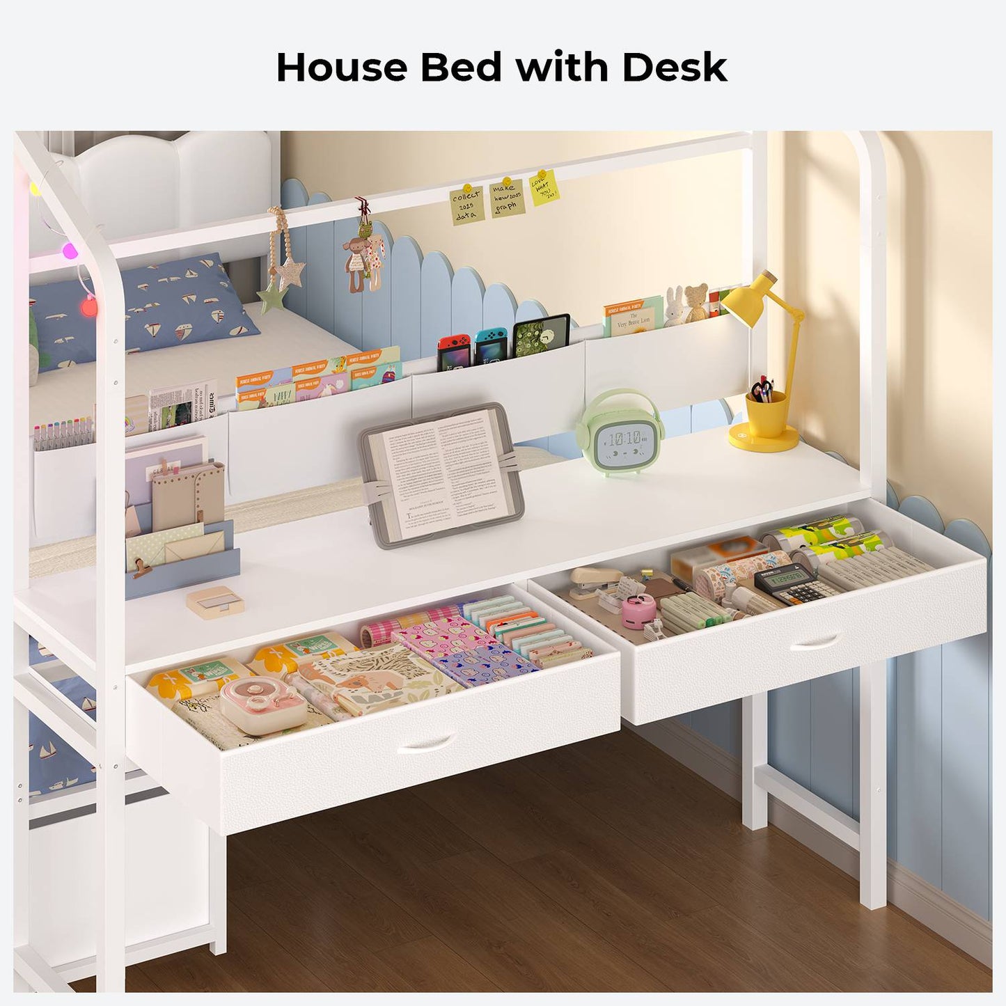 ADORNEVE House Bed with Desk and Globe String Lights Full Space-Saving All-In-One Kids Bed with 8 Storage Drawers and Side Desk