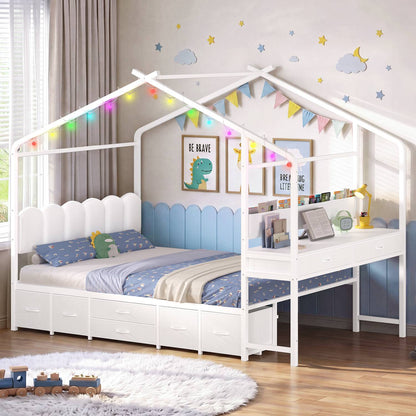 ADORNEVE House Bed with Desk and Globe String Lights Full Space-Saving All-In-One Kids Bed with 8 Storage Drawers and Side Desk