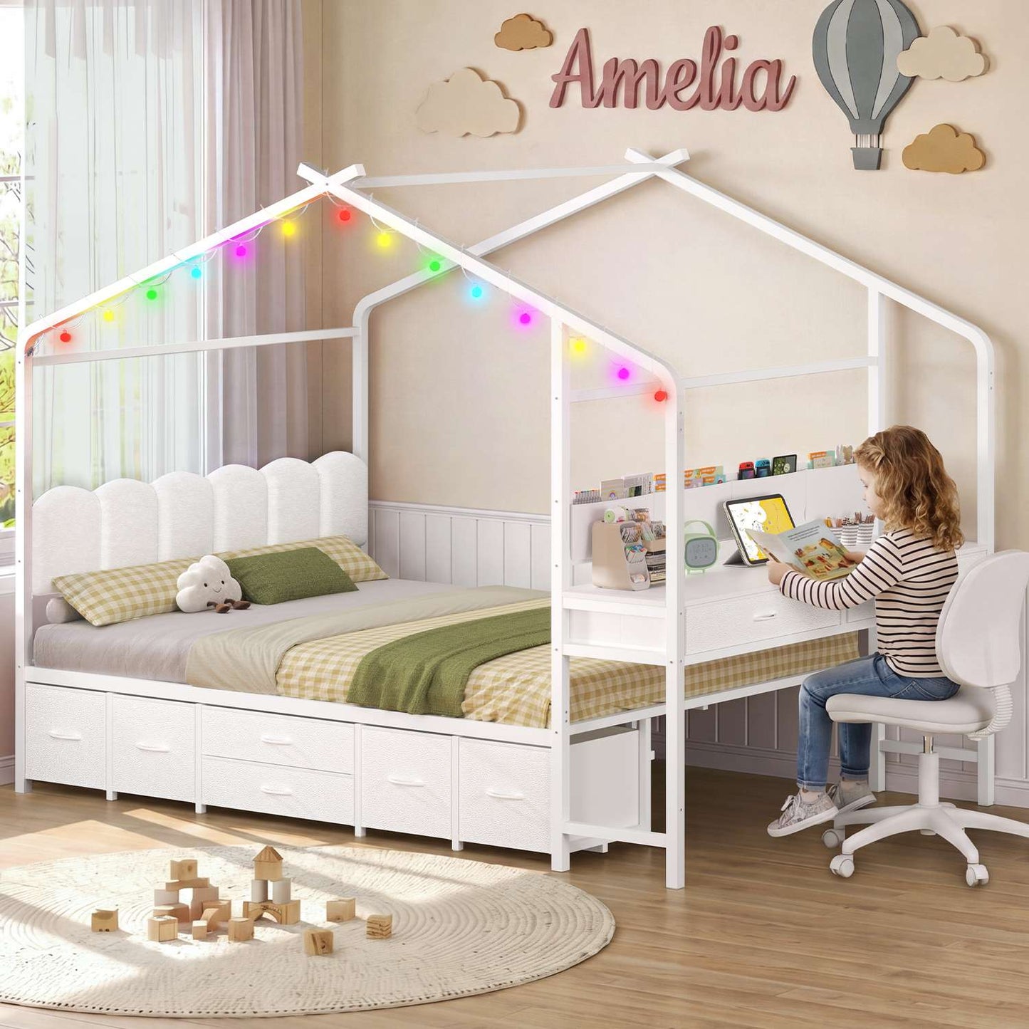 ADORNEVE House Bed with Desk and Globe String Lights Full Space-Saving All-In-One Kids Bed with 8 Storage Drawers and Side Desk