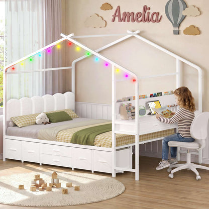 ADORNEVE House Bed with Desk and Globe String Lights Full Space-Saving All-In-One Kids Bed with 8 Storage Drawers and Side Desk