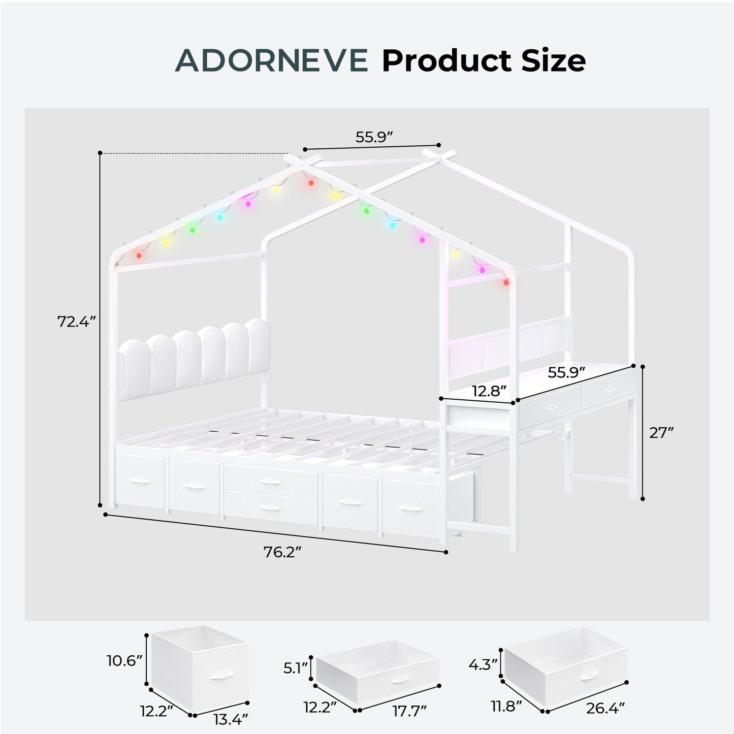 ADORNEVE House Bed with Desk and Globe String Lights Full Space-Saving All-In-One Kids Bed with 8 Storage Drawers and Side Desk