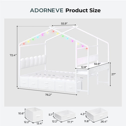 ADORNEVE House Bed with Desk and Globe String Lights Full Space-Saving All-In-One Kids Bed with 8 Storage Drawers and Side Desk