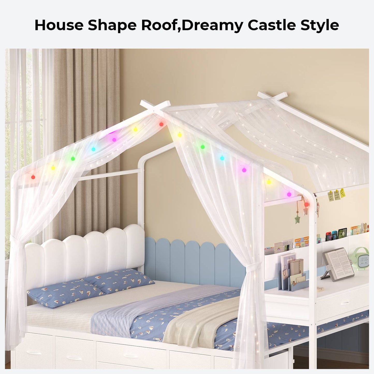 ADORNEVE House Bed with Desk and Globe String Lights Full Space-Saving All-In-One Kids Bed with 8 Storage Drawers and Side Desk