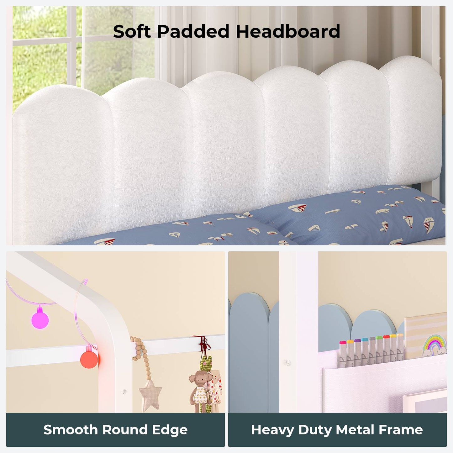 ADORNEVE House Bed with Desk and Globe String Lights Full Space-Saving All-In-One Kids Bed with 8 Storage Drawers and Side Desk