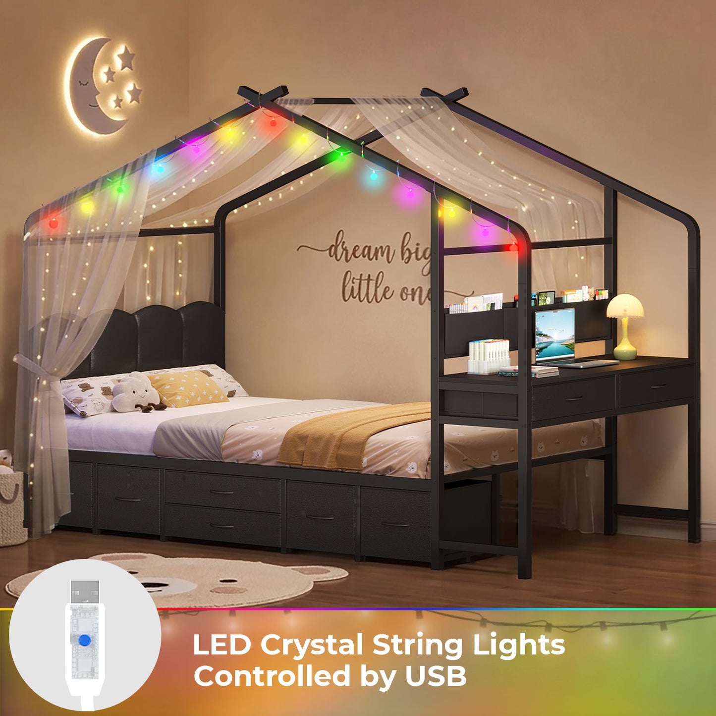 ADORNEVE House Bed with Desk and 8 Storage Drawers Twin Space-Saving All-In-One Kids Bed with Globe String Lights