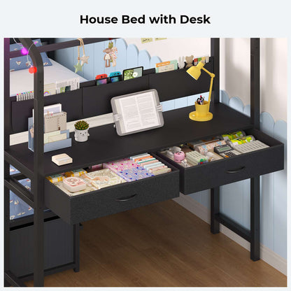 ADORNEVE House Bed with Desk and 8 Storage Drawers Twin Space-Saving All-In-One Kids Bed with Globe String Lights