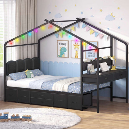ADORNEVE House Bed with Desk and 8 Storage Drawers Twin Space-Saving All-In-One Kids Bed with Globe String Lights