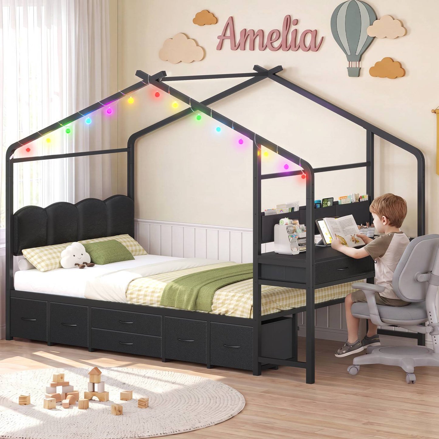 ADORNEVE House Bed with Desk and 8 Storage Drawers Twin Space-Saving All-In-One Kids Bed with Globe String Lights