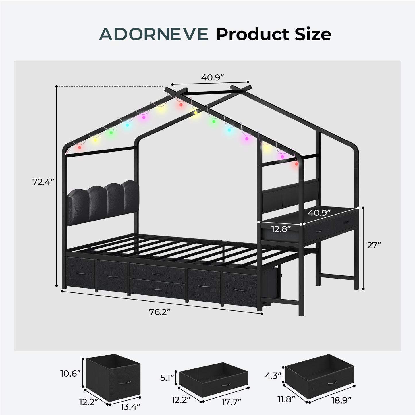 ADORNEVE House Bed with Desk and 8 Storage Drawers Twin Space-Saving All-In-One Kids Bed with Globe String Lights