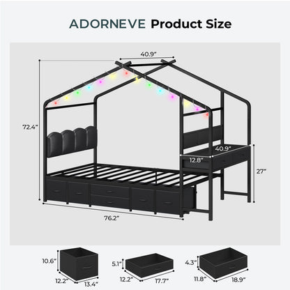 ADORNEVE House Bed with Desk and 8 Storage Drawers Twin Space-Saving All-In-One Kids Bed with Globe String Lights