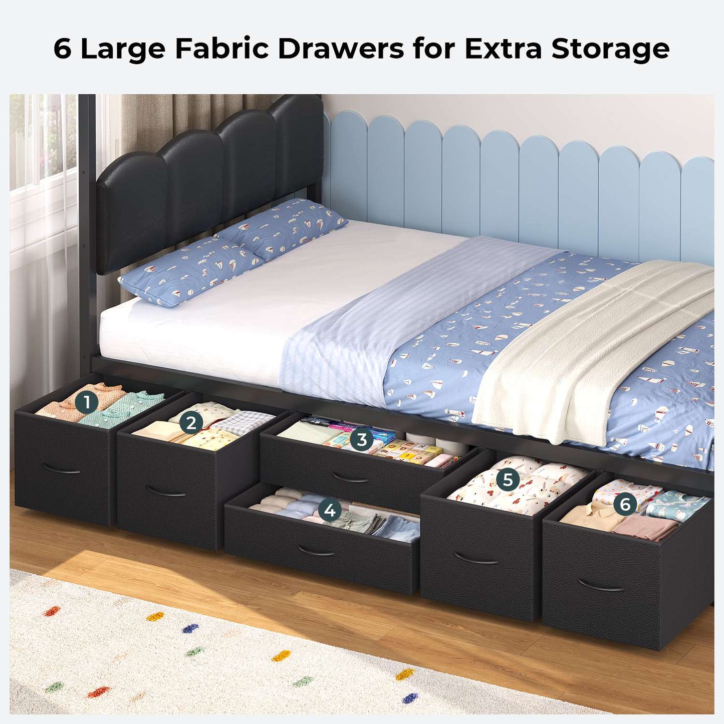ADORNEVE House Bed with Desk and 8 Storage Drawers Twin Space-Saving All-In-One Kids Bed with Globe String Lights