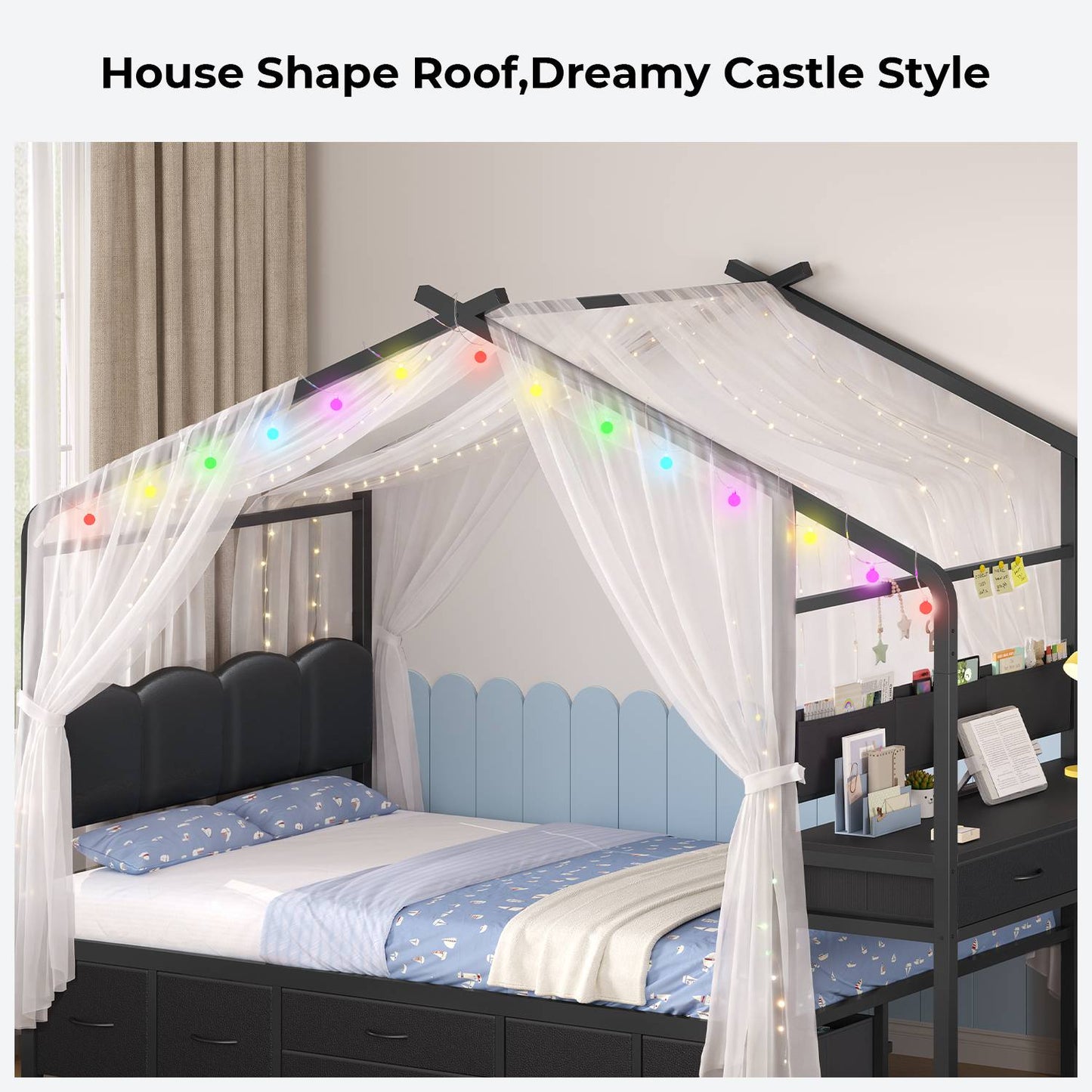 ADORNEVE House Bed with Desk and 8 Storage Drawers Twin Space-Saving All-In-One Kids Bed with Globe String Lights