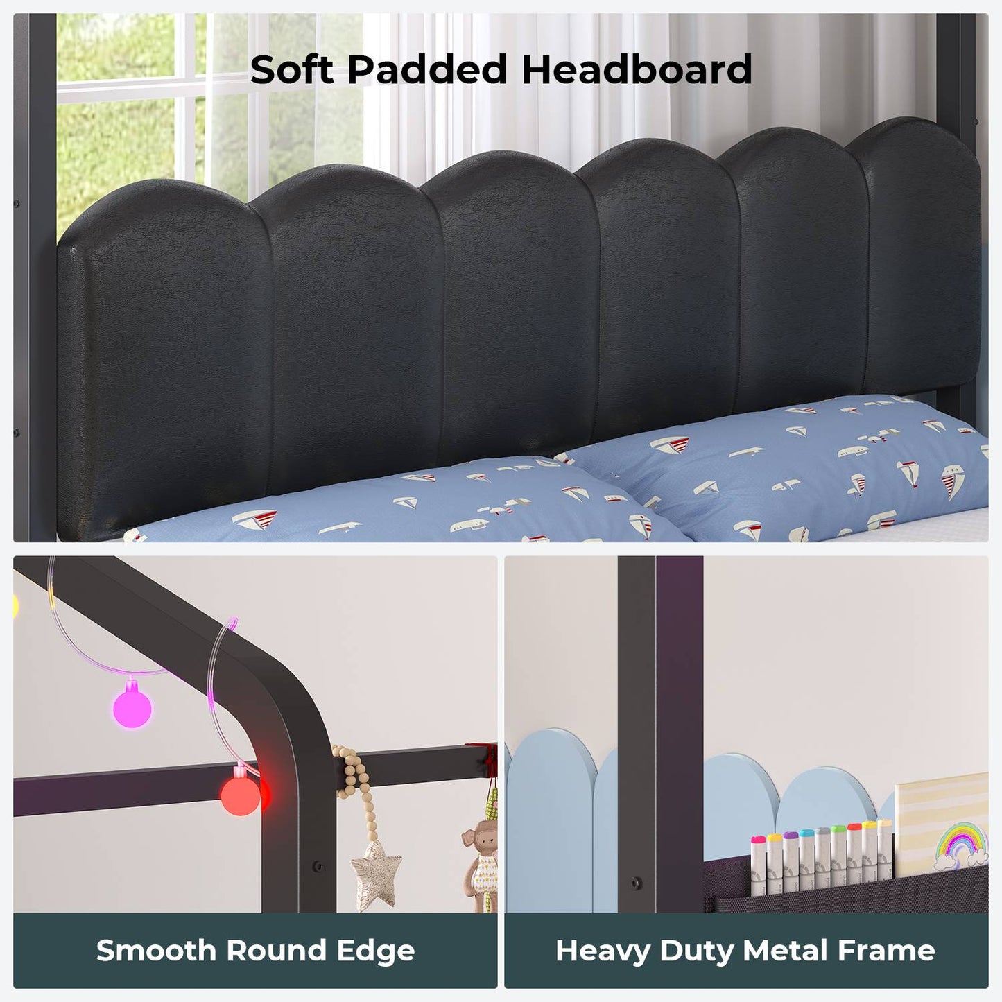 ADORNEVE House Bed with Desk and 8 Storage Drawers Twin Space-Saving All-In-One Kids Bed with Globe String Lights