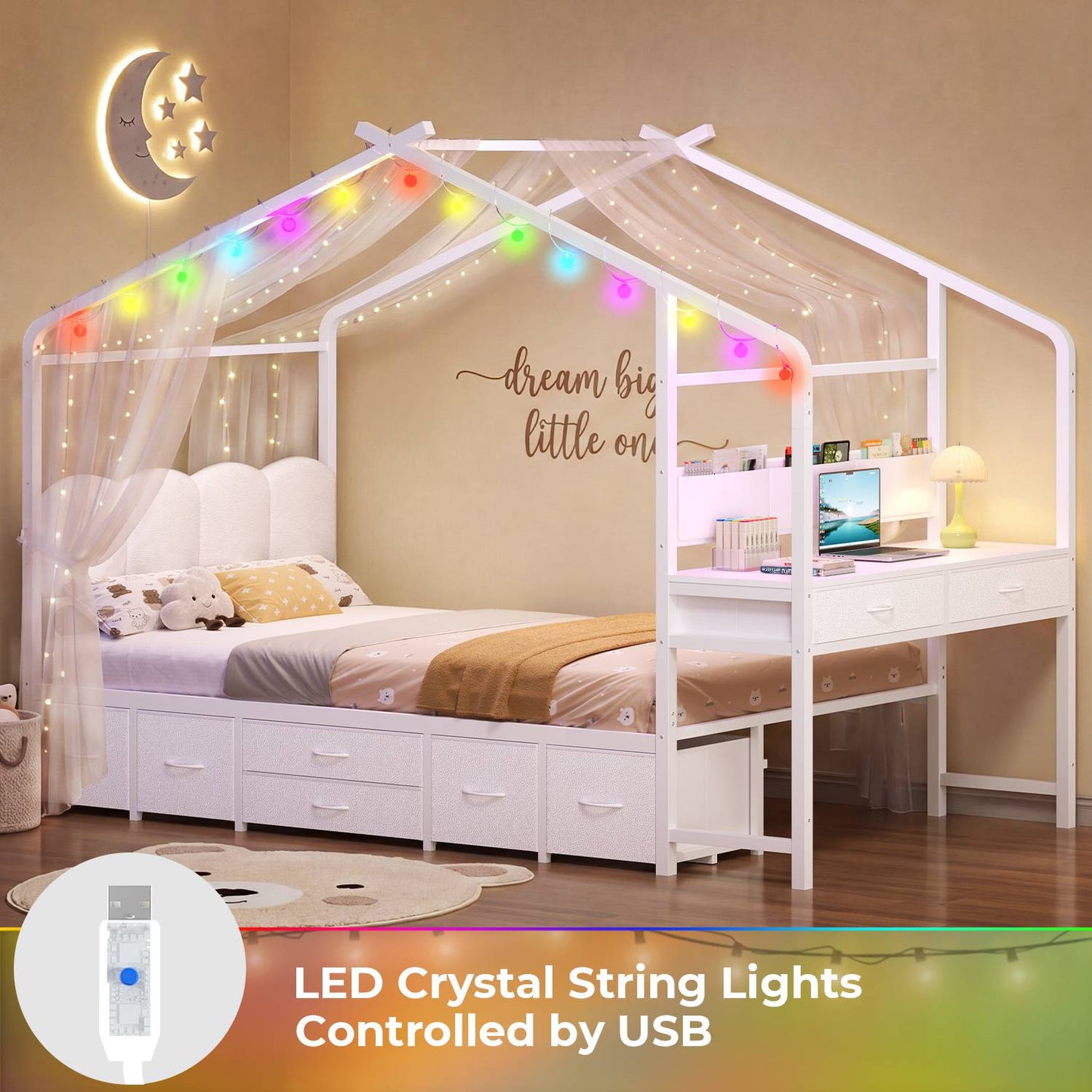 ADORNEVE House Bed with Desk and 8 Storage Drawers Twin Space-Saving All-In-One Kids Bed with Globe String Lights