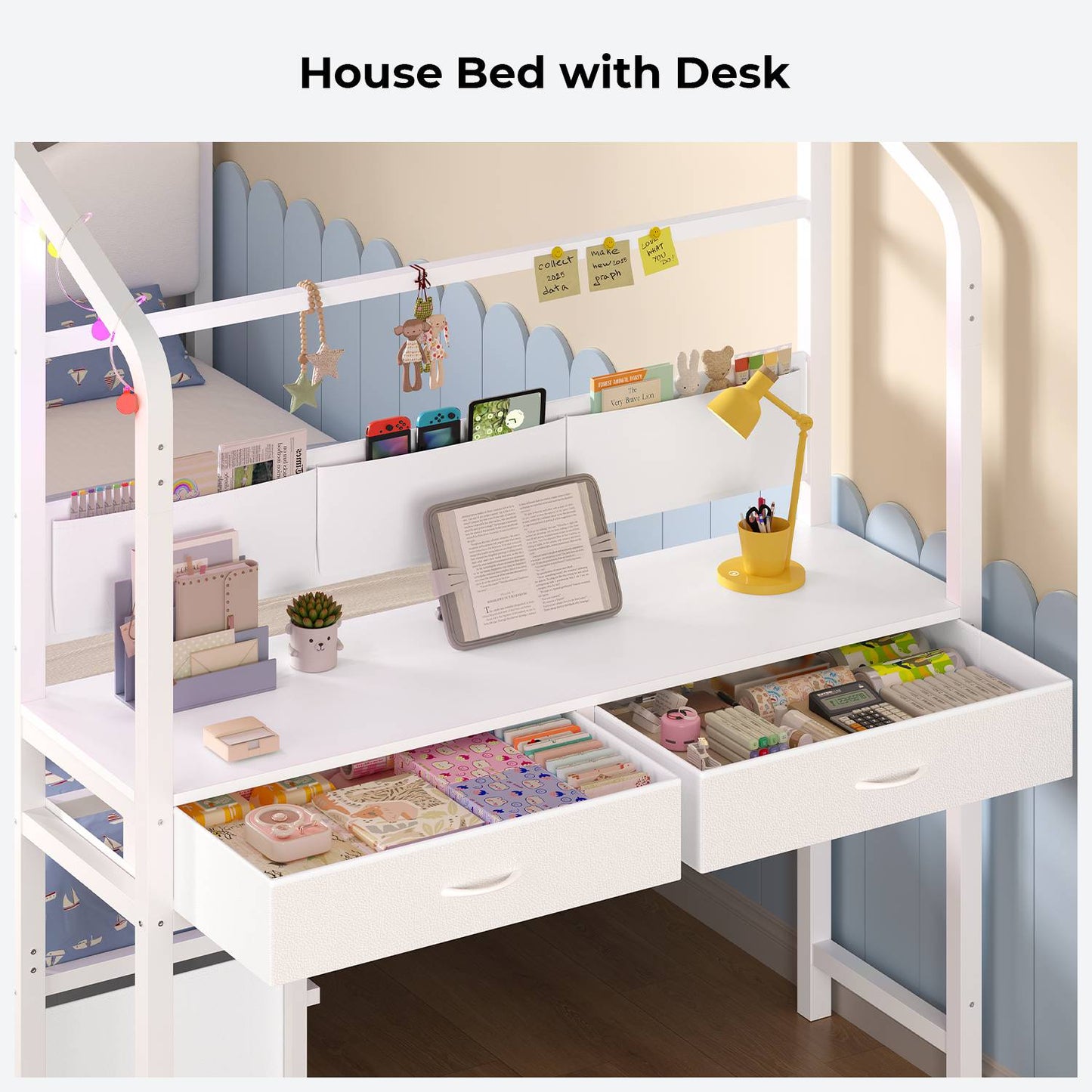 ADORNEVE House Bed with Desk and 8 Storage Drawers Twin Space-Saving All-In-One Kids Bed with Globe String Lights
