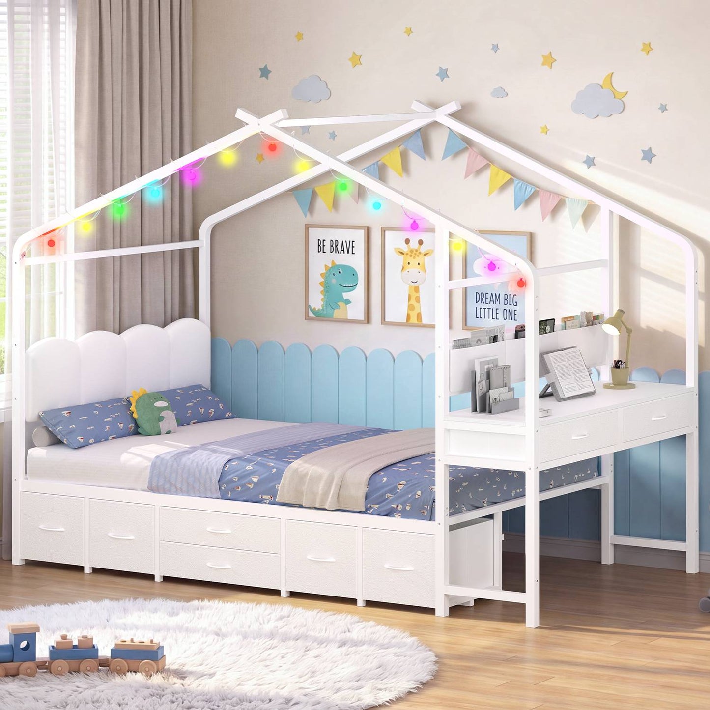 ADORNEVE House Bed with Desk and 8 Storage Drawers Twin Space-Saving All-In-One Kids Bed with Globe String Lights