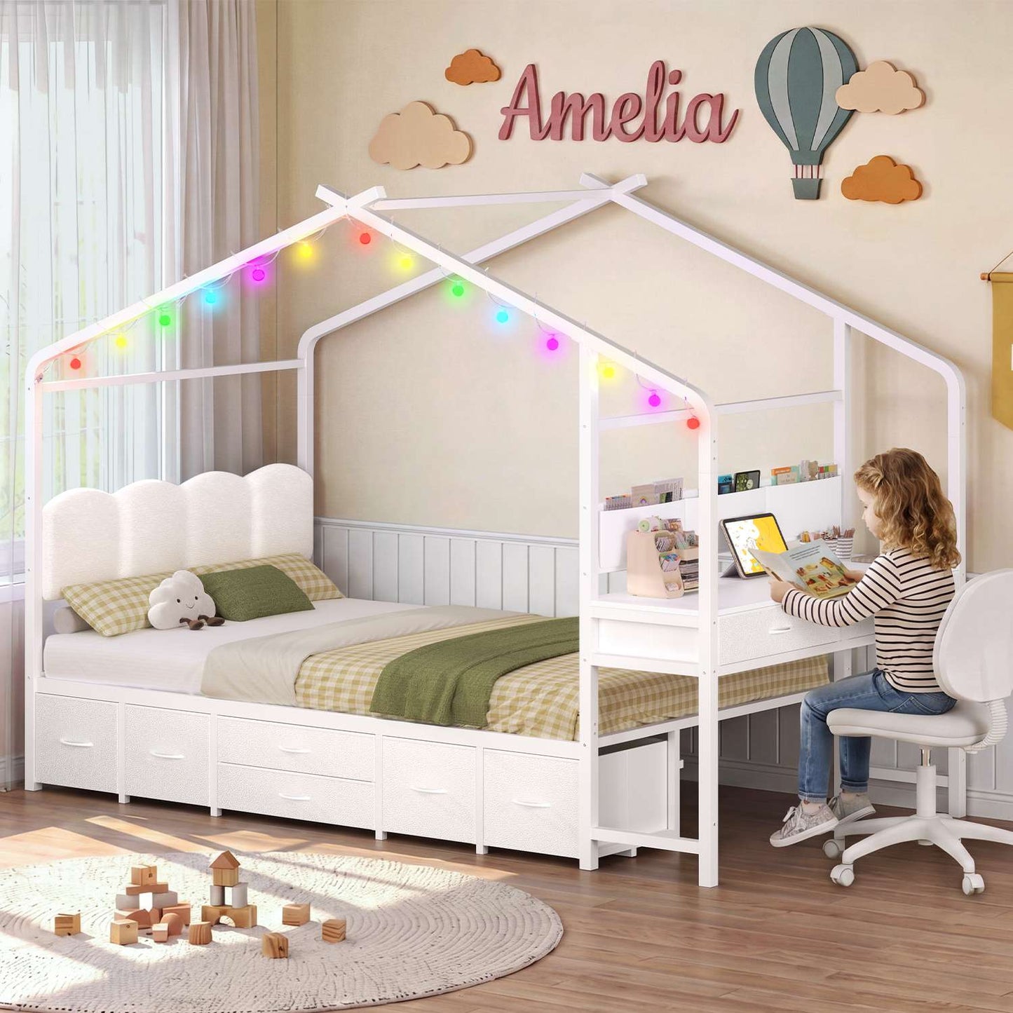ADORNEVE House Bed with Desk and 8 Storage Drawers Twin Space-Saving All-In-One Kids Bed with Globe String Lights