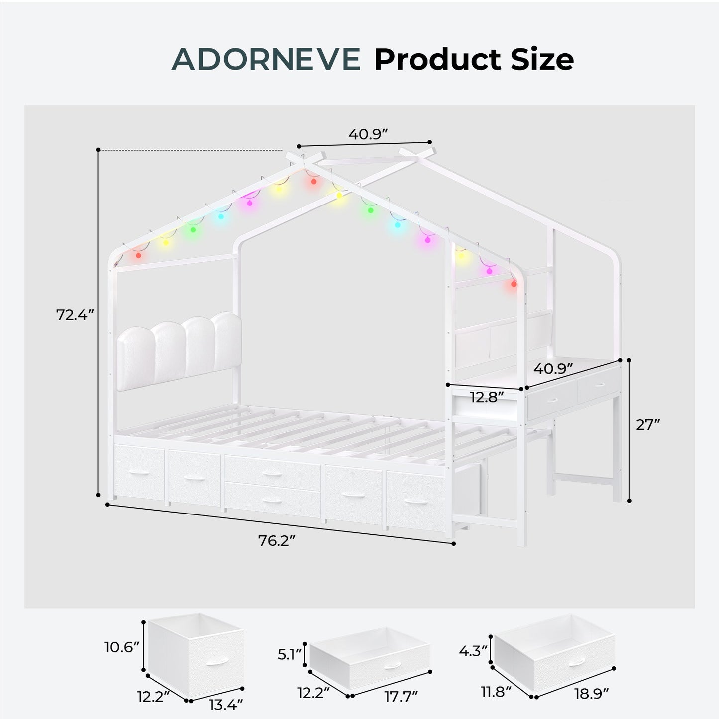 ADORNEVE House Bed with Desk and 8 Storage Drawers Twin Space-Saving All-In-One Kids Bed with Globe String Lights