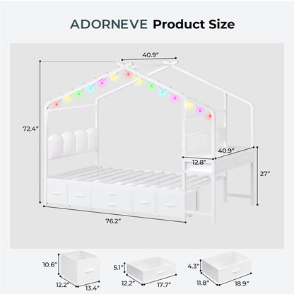 ADORNEVE House Bed with Desk and 8 Storage Drawers Twin Space-Saving All-In-One Kids Bed with Globe String Lights