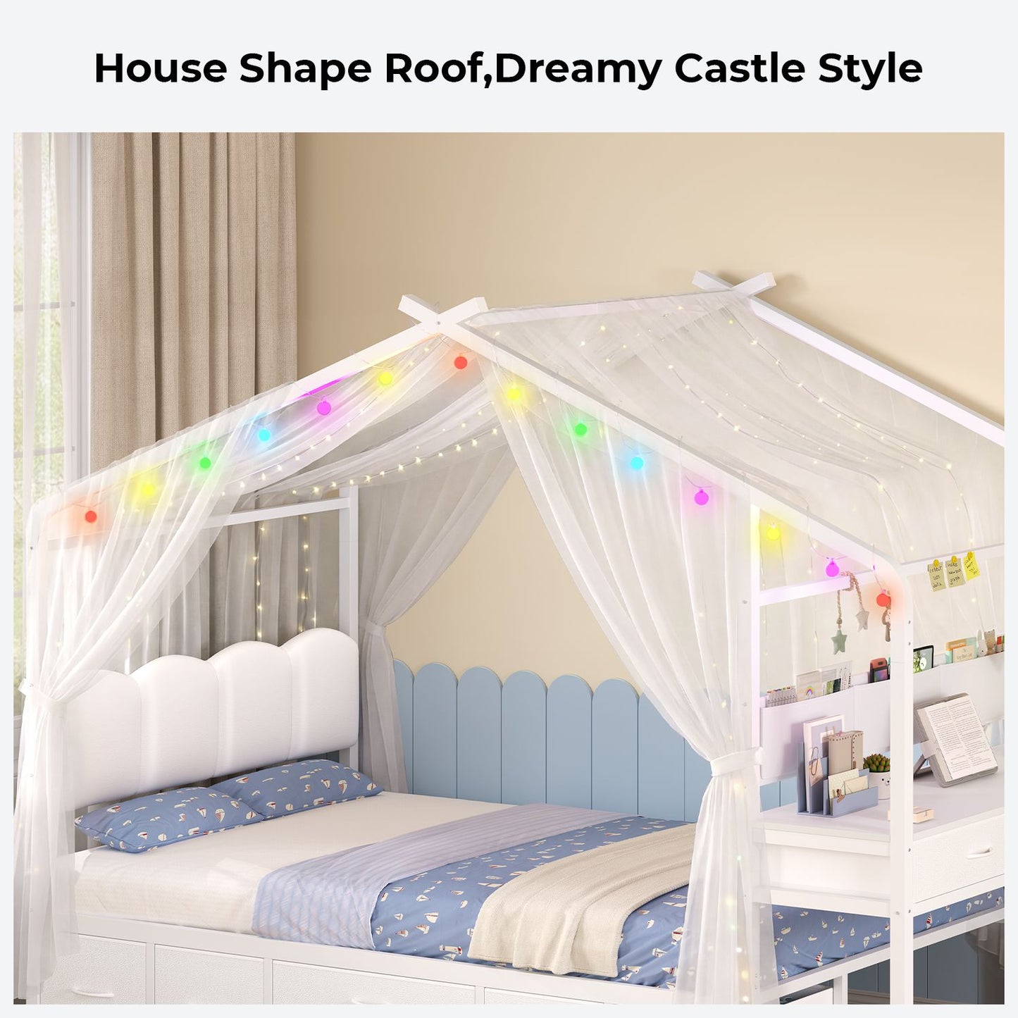 ADORNEVE House Bed with Desk and 8 Storage Drawers Twin Space-Saving All-In-One Kids Bed with Globe String Lights