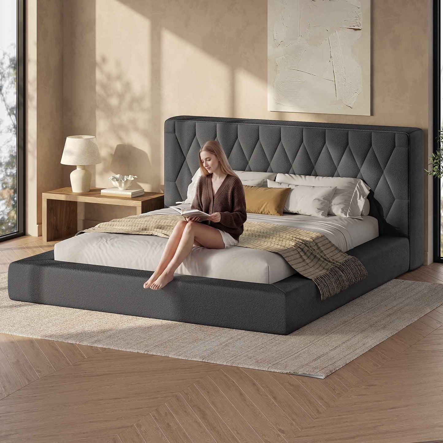 ADORNEVE Upholstered Cloud Bed Frame King with 5.9" Headboard 4.9" Fully Cushioned Platform Bed with Soft Rounded Corners and Noise-Free for Bedroom