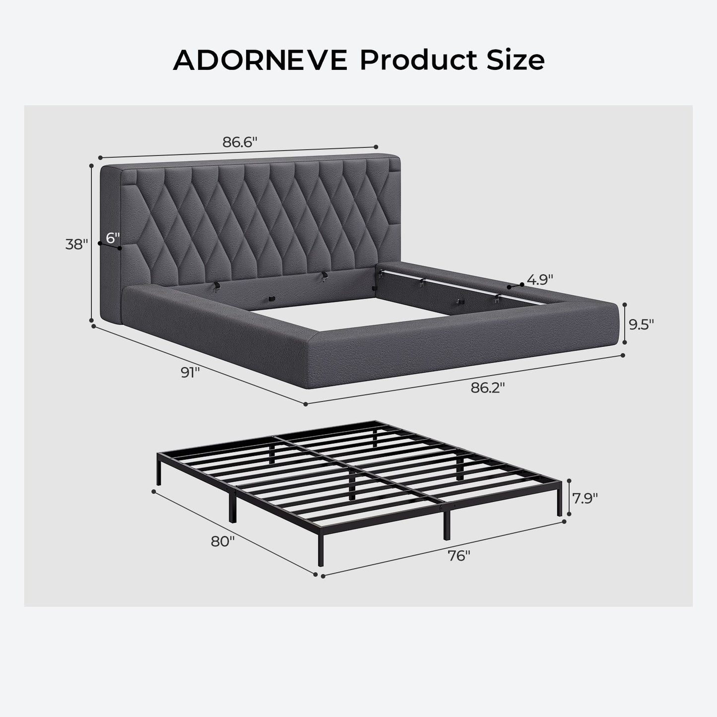 ADORNEVE Upholstered Cloud Bed Frame King with 5.9" Headboard 4.9" Fully Cushioned Platform Bed with Soft Rounded Corners and Noise-Free for Bedroom
