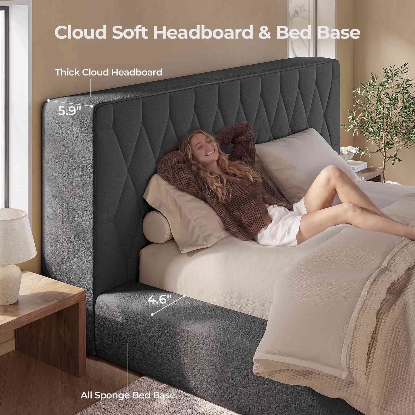 ADORNEVE Upholstered Cloud Bed Frame King with 5.9" Headboard 4.9" Fully Cushioned Platform Bed with Soft Rounded Corners and Noise-Free for Bedroom