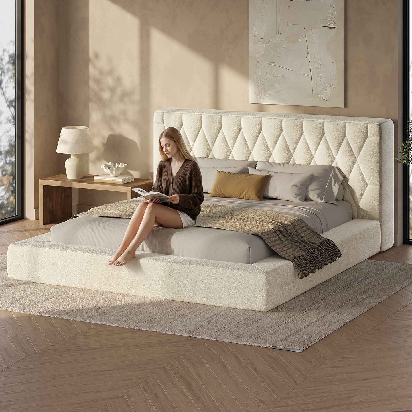 ADORNEVE Upholstered Cloud Bed Frame King with 5.9" Headboard 4.9" Fully Cushioned Platform Bed with Soft Rounded Corners and Noise-Free for Bedroom